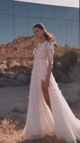 A-Line Wedding Dress with Floral Lace Sleeves and High Slit