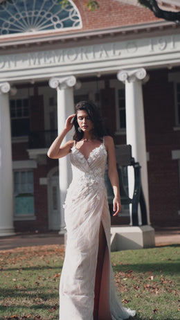 Sheath Wedding Dress with V-Neck and Floral Appliqués