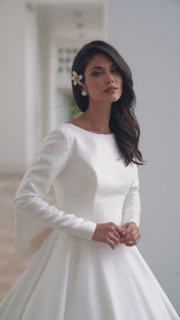 Mikado A-Line Wedding Dress with Long Sleeves and Bow Back