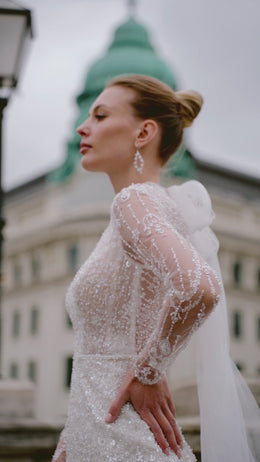 Mermaid Wedding Dress with Beading and Embroidered Lace Appliqués, Long Sleeve High-Neck Illusion Tulle, Sweep Train