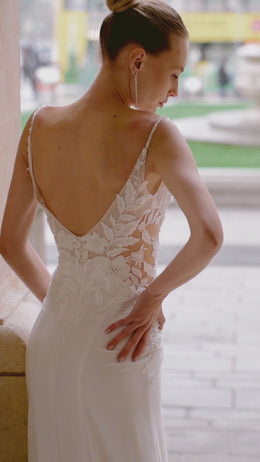 Sheath Wedding Dress With Lace Appliqués, Embroidered Bodice, Illusion V-Neck, Sleeveless Straps, Crepe Skirt