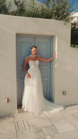 A-Line Wedding Dress with Illusion High Neck and Pearl Beading