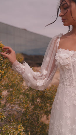 A-Line Wedding Dress with 3D Floral Appliqués and Bishop Sleeves