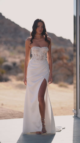 One-Shoulder Sheath Wedding Dress with Lace Bodice and High Slit