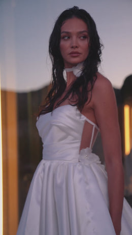 Mini Wedding Dress with Strapless Draped Bodice and Full Satin Skirt