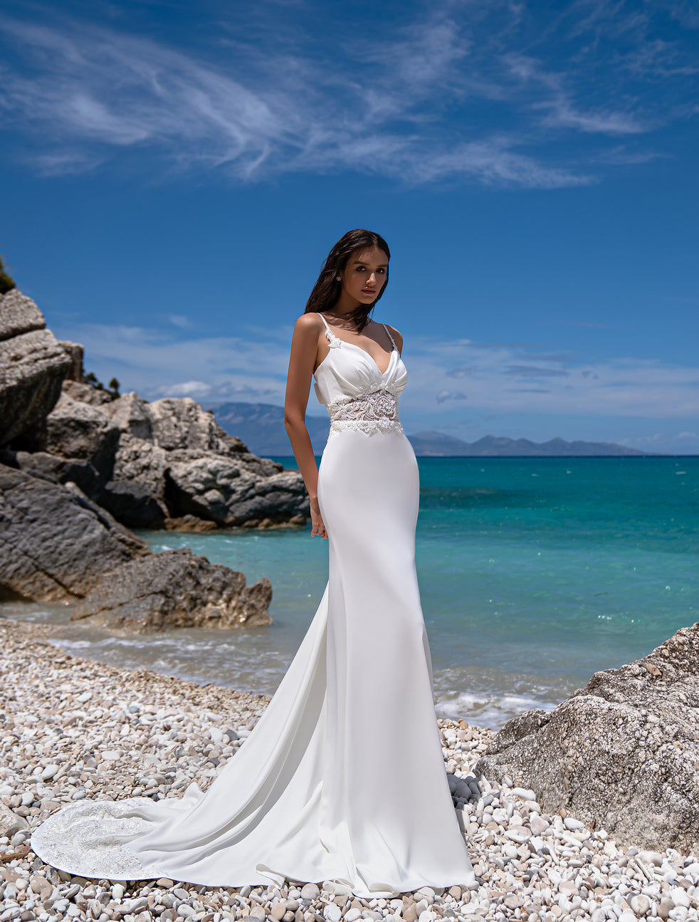 Elegant Mermaid Wedding Dress with Luxurious Train - Stretch Crepe Fabric with Unique Cut & Ray-Shaped Drapery - Adorned with Guipure Embroidered with Beads, Pearls, Crystals & Sequins