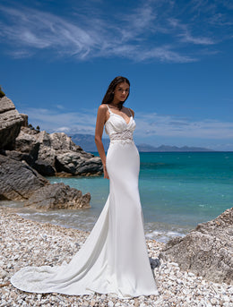 Elegant Mermaid Wedding Dress with Luxurious Train - Stretch Crepe Fabric with Unique Cut & Ray-Shaped Drapery - Adorned with Guipure Embroidered with Beads, Pearls, Crystals & Sequins