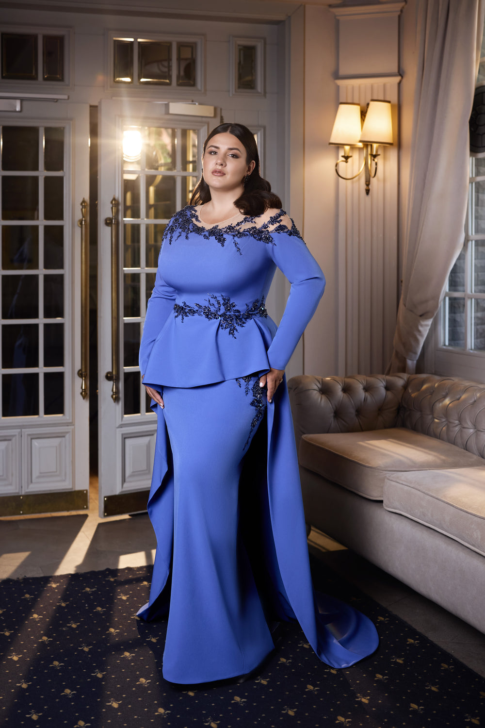 Column Evening Dress with Beaded Illusion Neckline