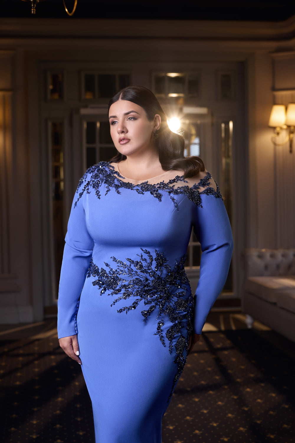 Column Evening Dress with Beaded Illusion Neckline