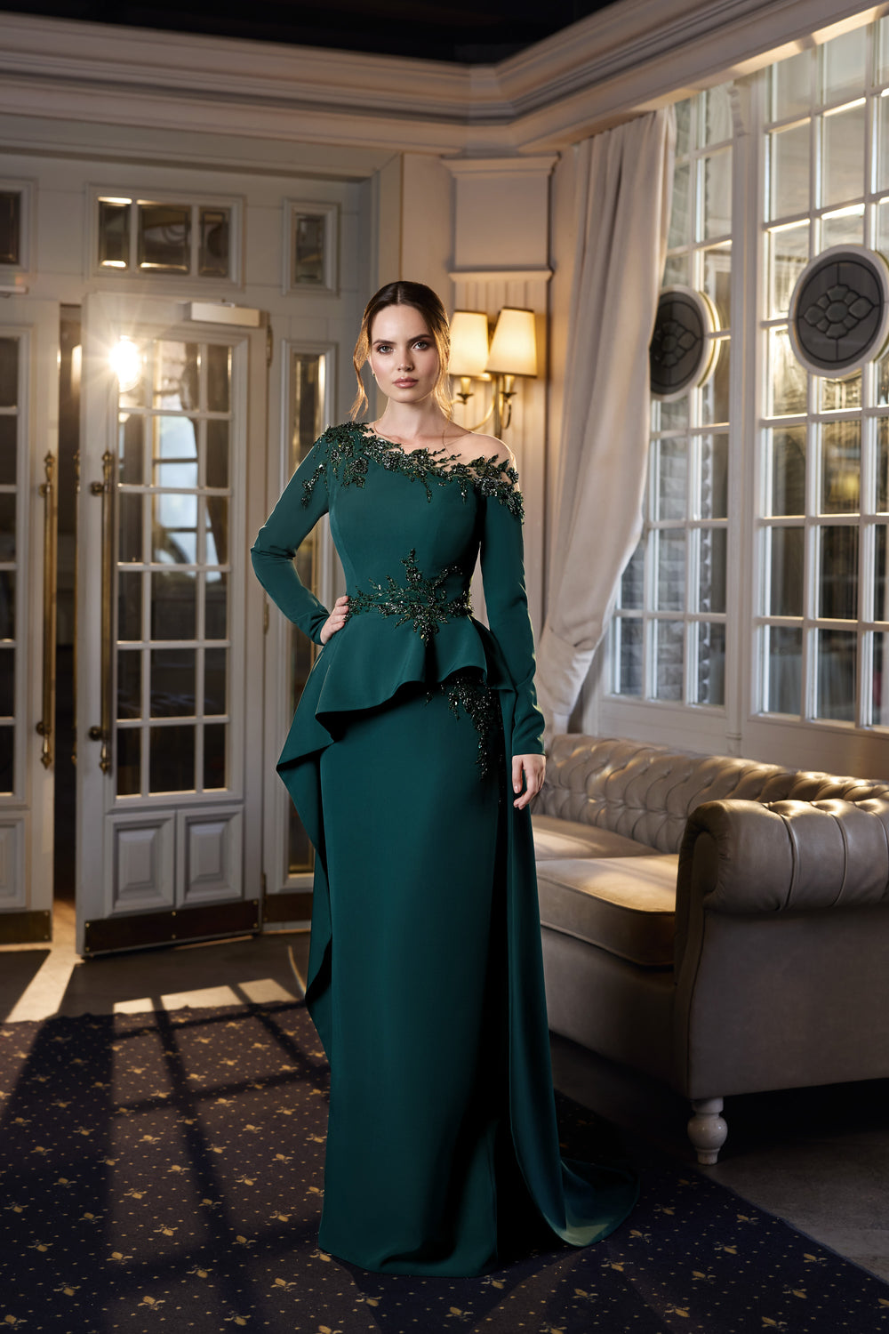Column Evening Dress with Beaded Illusion Neckline
