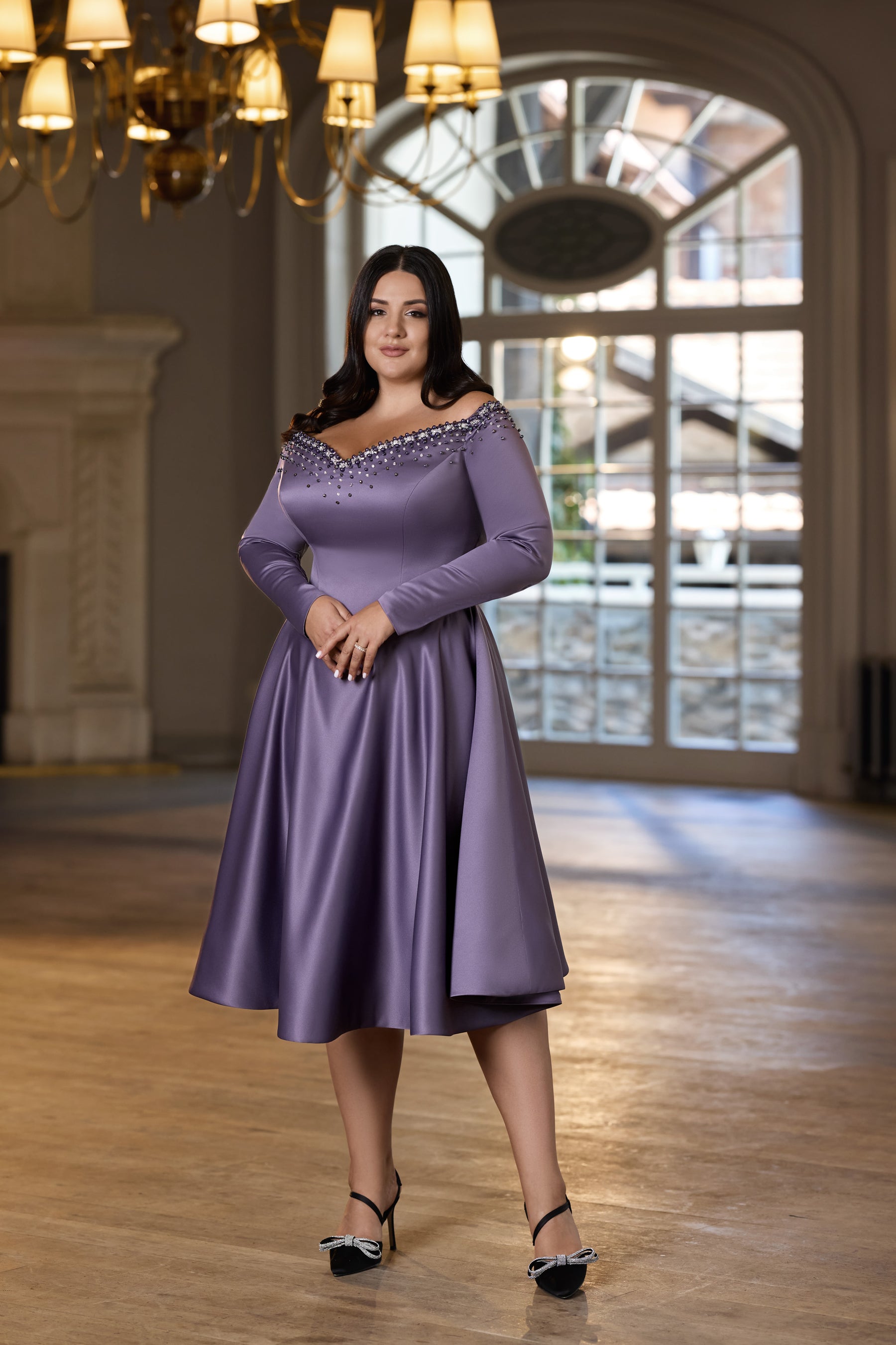 Lavender midi evening dress with a beaded off-the-shoulder neckline, long sleeves, and a softly flared skirt