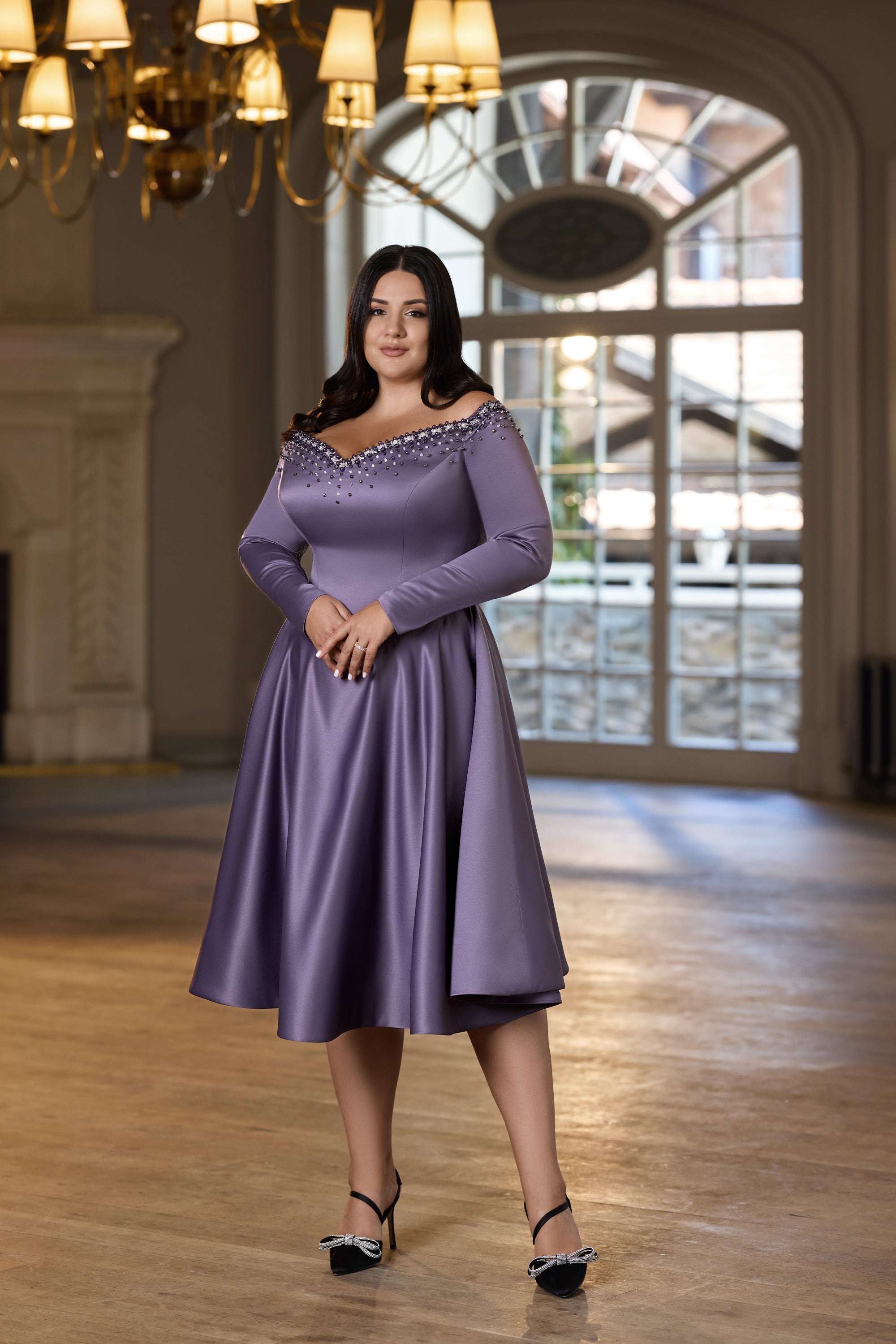Lavender midi evening dress with a beaded off-the-shoulder neckline, long sleeves, and a softly flared skirt