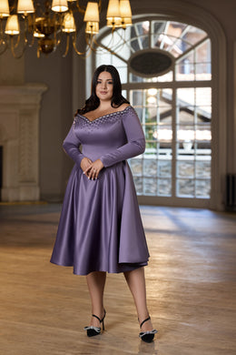 Lavender midi evening dress with a beaded off-the-shoulder neckline, long sleeves, and a softly flared skirt