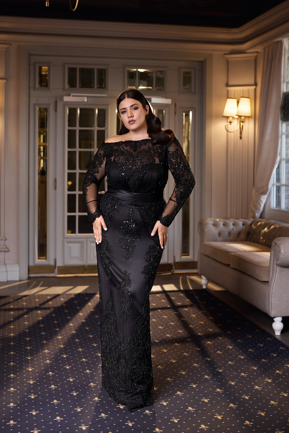 Sheath Evening Dress with Off-the-Shoulder Lace Overlay