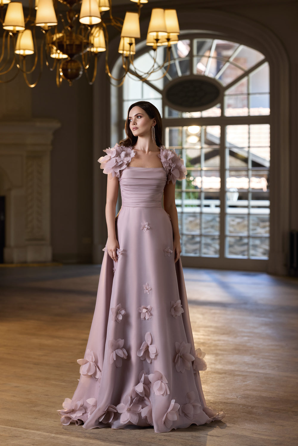A-Line Evening Dress with 3D Floral Appliqués