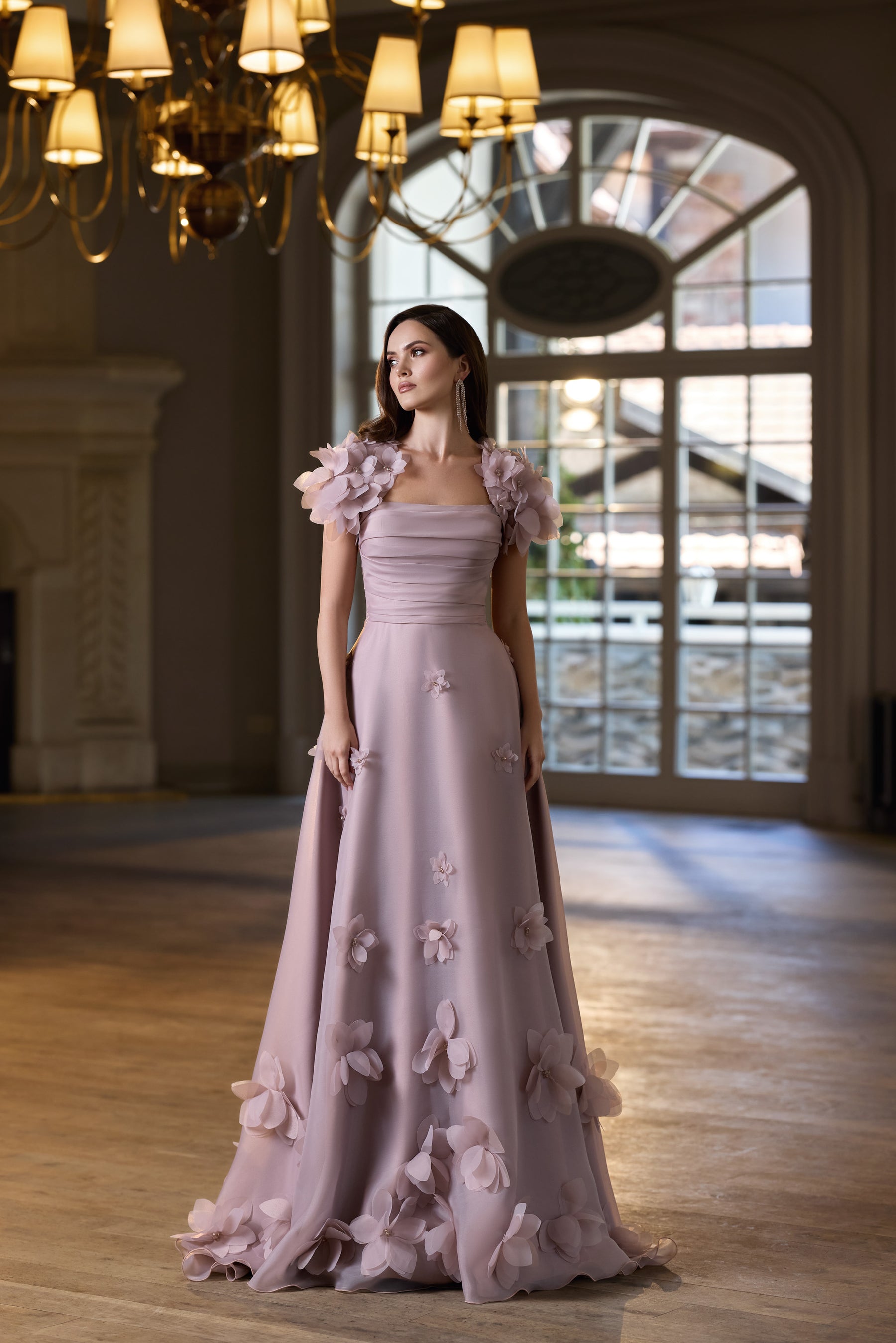 Mauve floor-length evening dress with a ruched bodice, floral shoulder details, and 3D flower appliqués