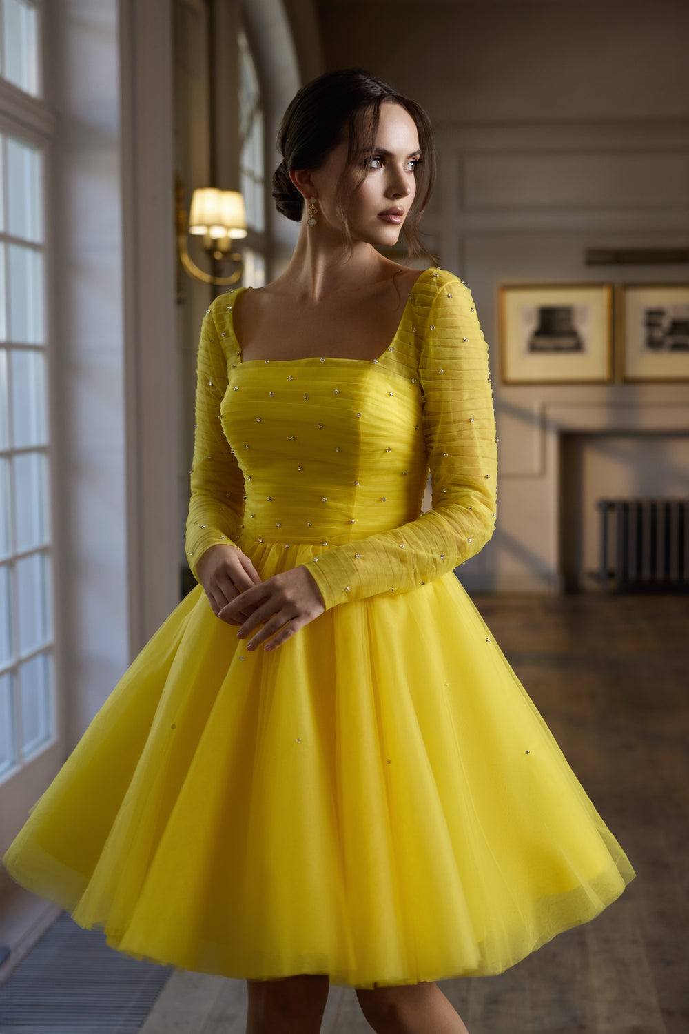 A-Line Evening Dress with Rhinestone Tulle Sleeves