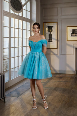Turquoise evening dress with an off-the-shoulder neckline, short flared skirt, and subtle sparkle