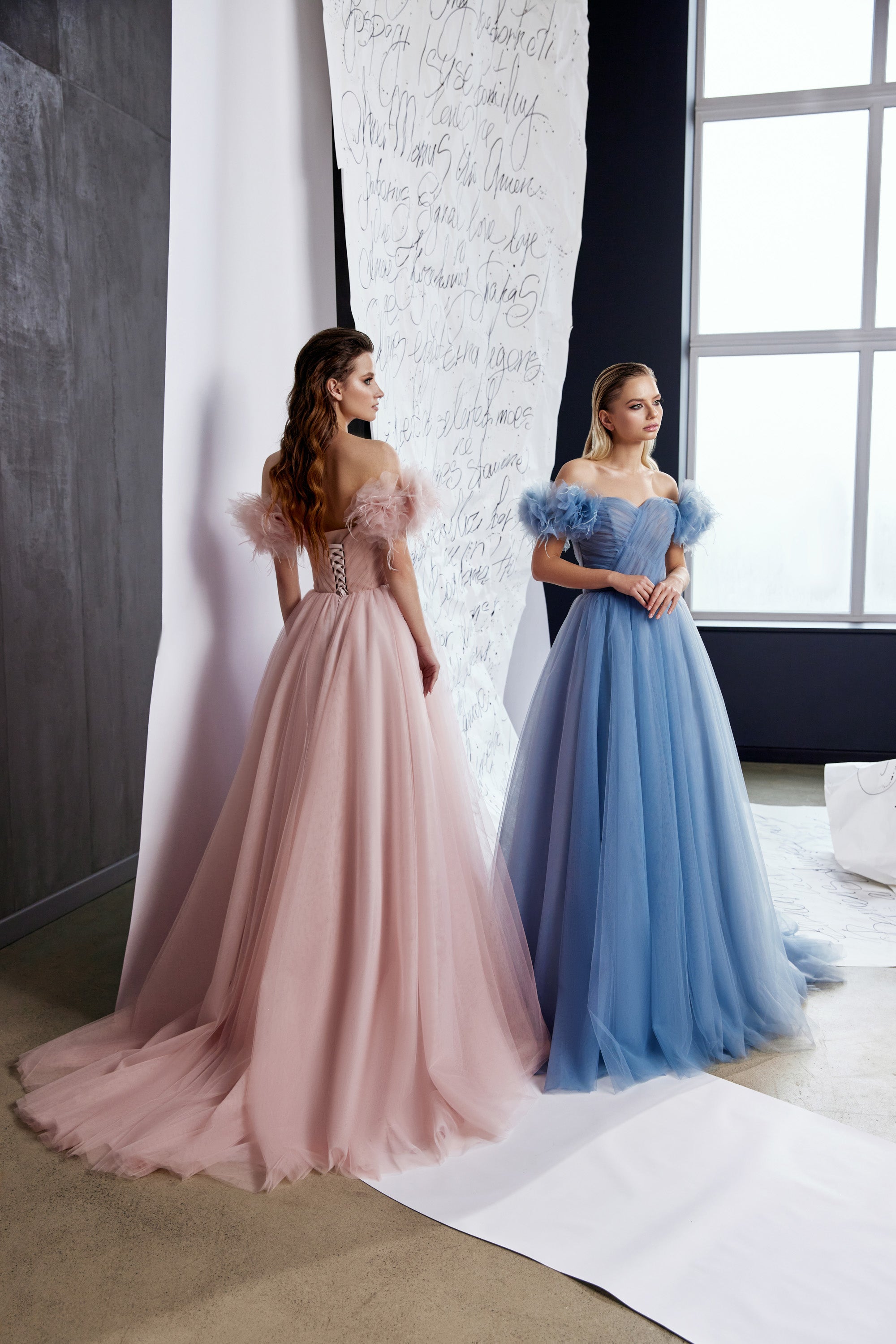 Women's Off-the-Shoulder Evening Dress with Lacing Back and Tulle Fabric