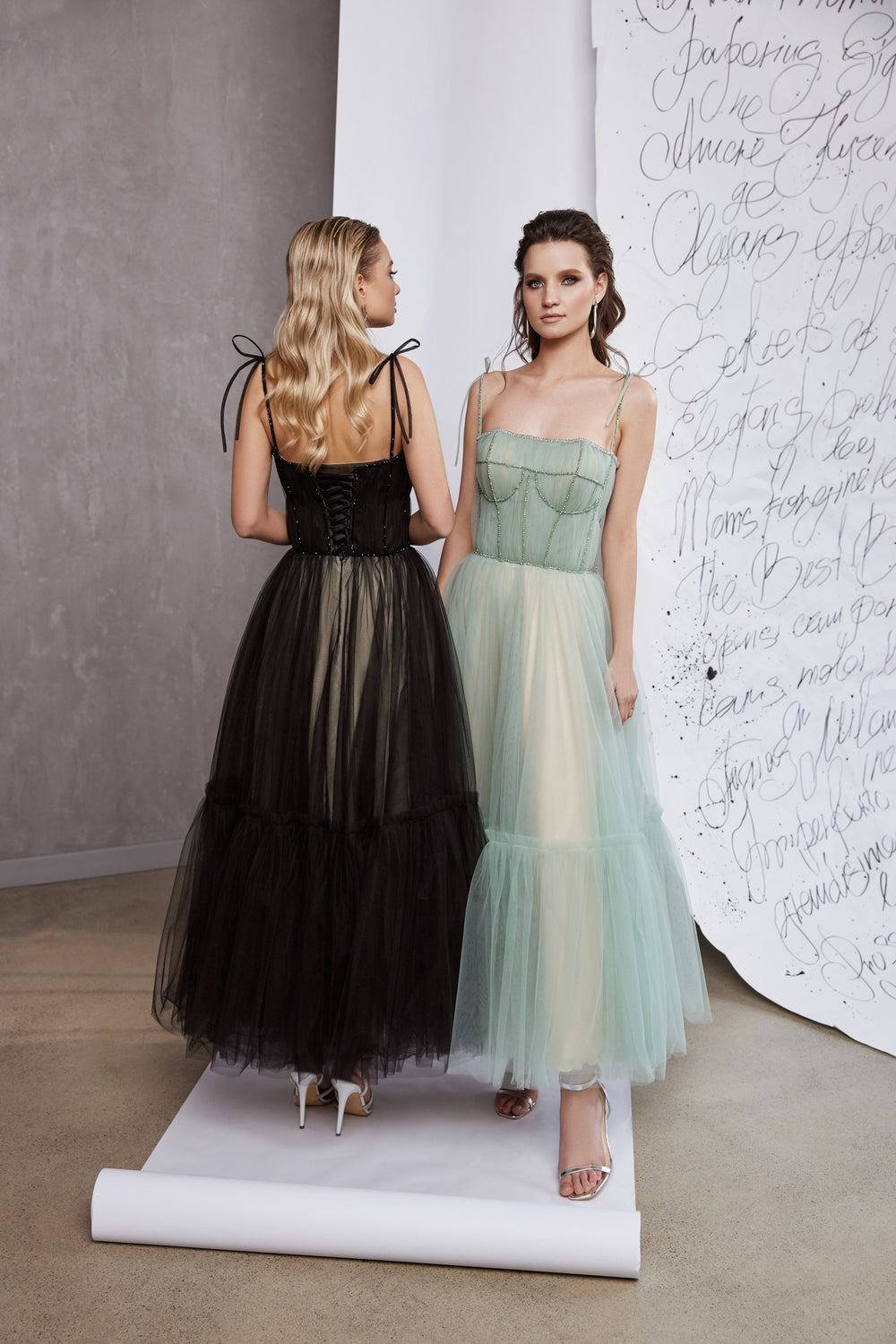 Tea-Length Prom Dress with Spaghetti Straps and Lace-Up Back