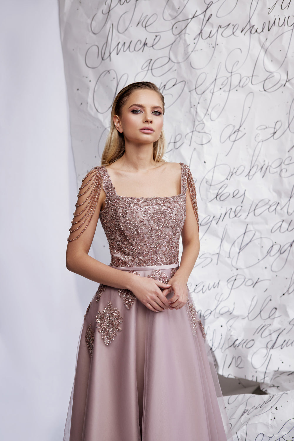 A-line Evening Dress with Beaded Square Neckline