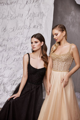 Women's Glitter Fabric Prom Dress with Beaded Accents