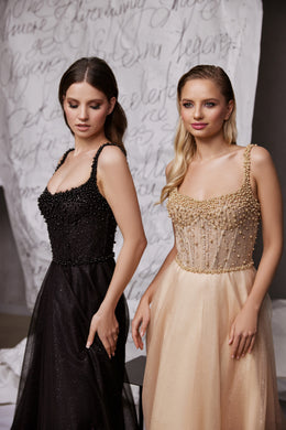 Women's Glitter Fabric Prom Dress with Beaded Accents
