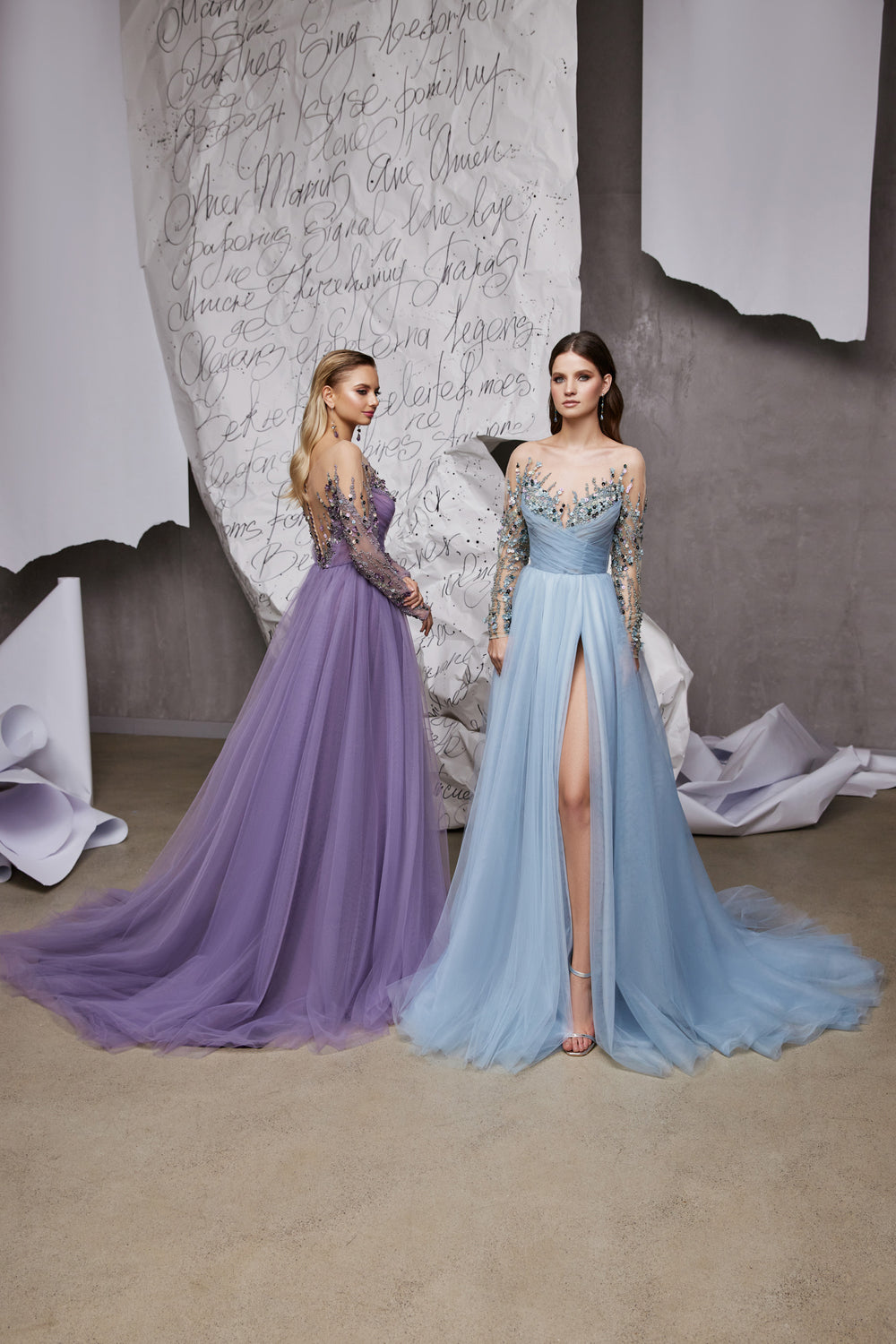 Women's Long Sleeve Slit Dress with Sequins and Tulle Fabric