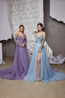 Women's Long Sleeve Slit Dress with Sequins and Tulle Fabric