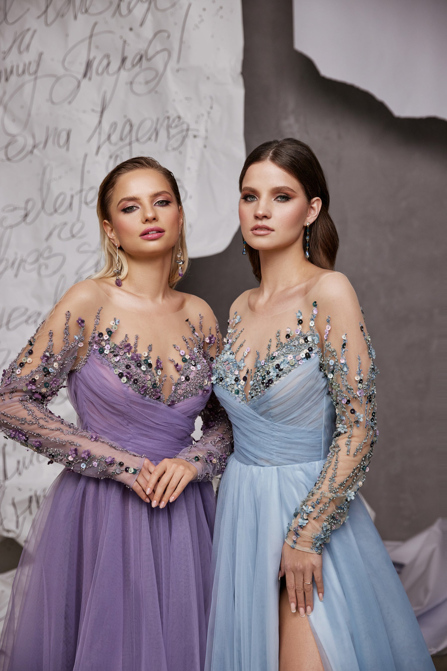 Women's Long Sleeve Slit Dress with Sequins and Tulle Fabric