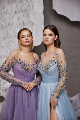 Women's Long Sleeve Slit Dress with Sequins and Tulle Fabric