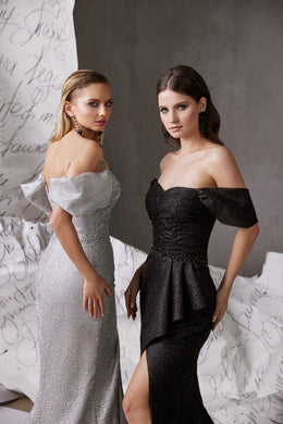 Women's Glitter Mermaid Off-the-Shoulder Slit Evening Dress