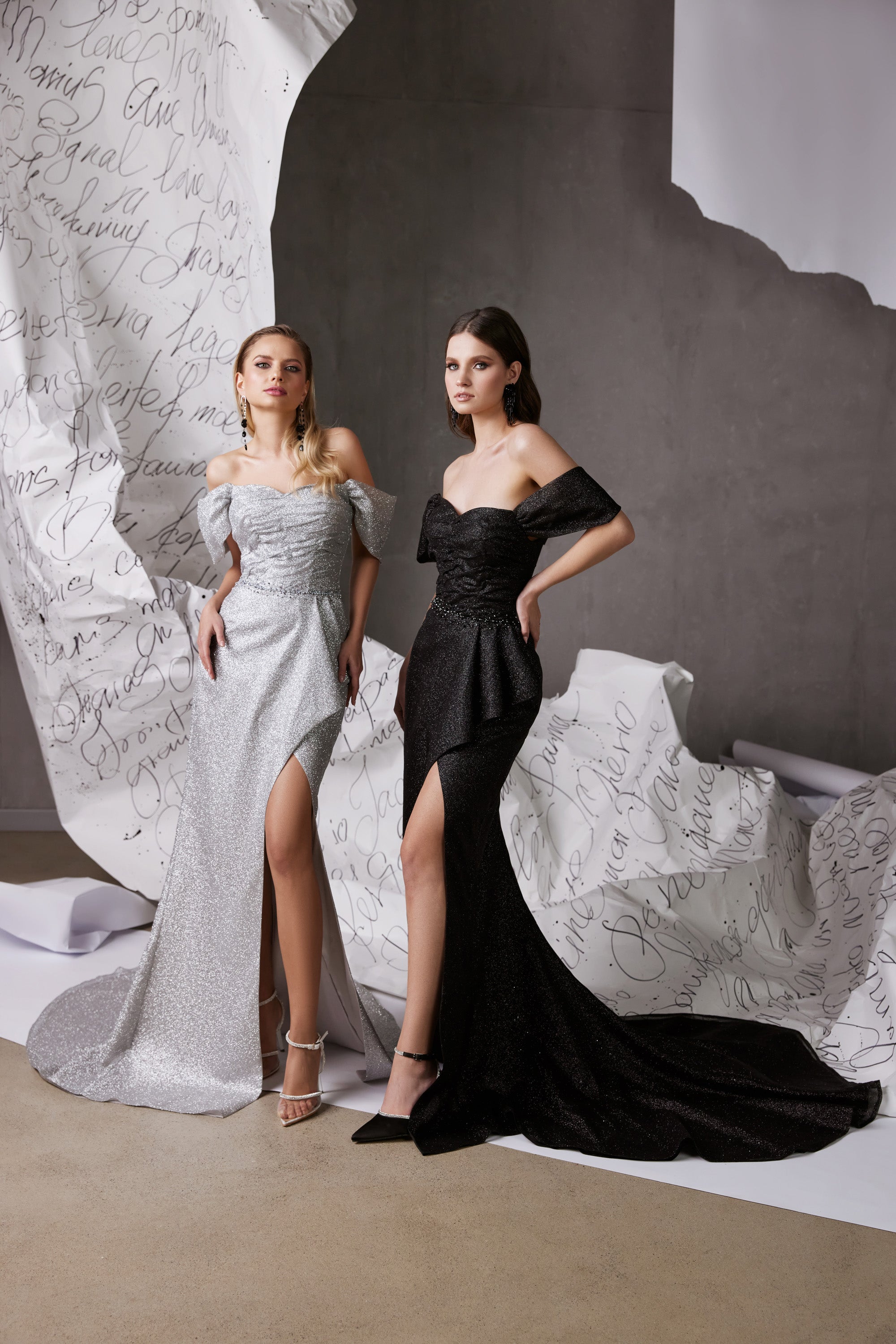 Women's Glitter Mermaid Off-the-Shoulder Slit Evening Dress