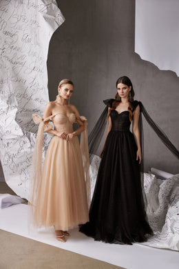 Tea-Length Off-the-Shoulder Prom Dress with Glitter Fabric