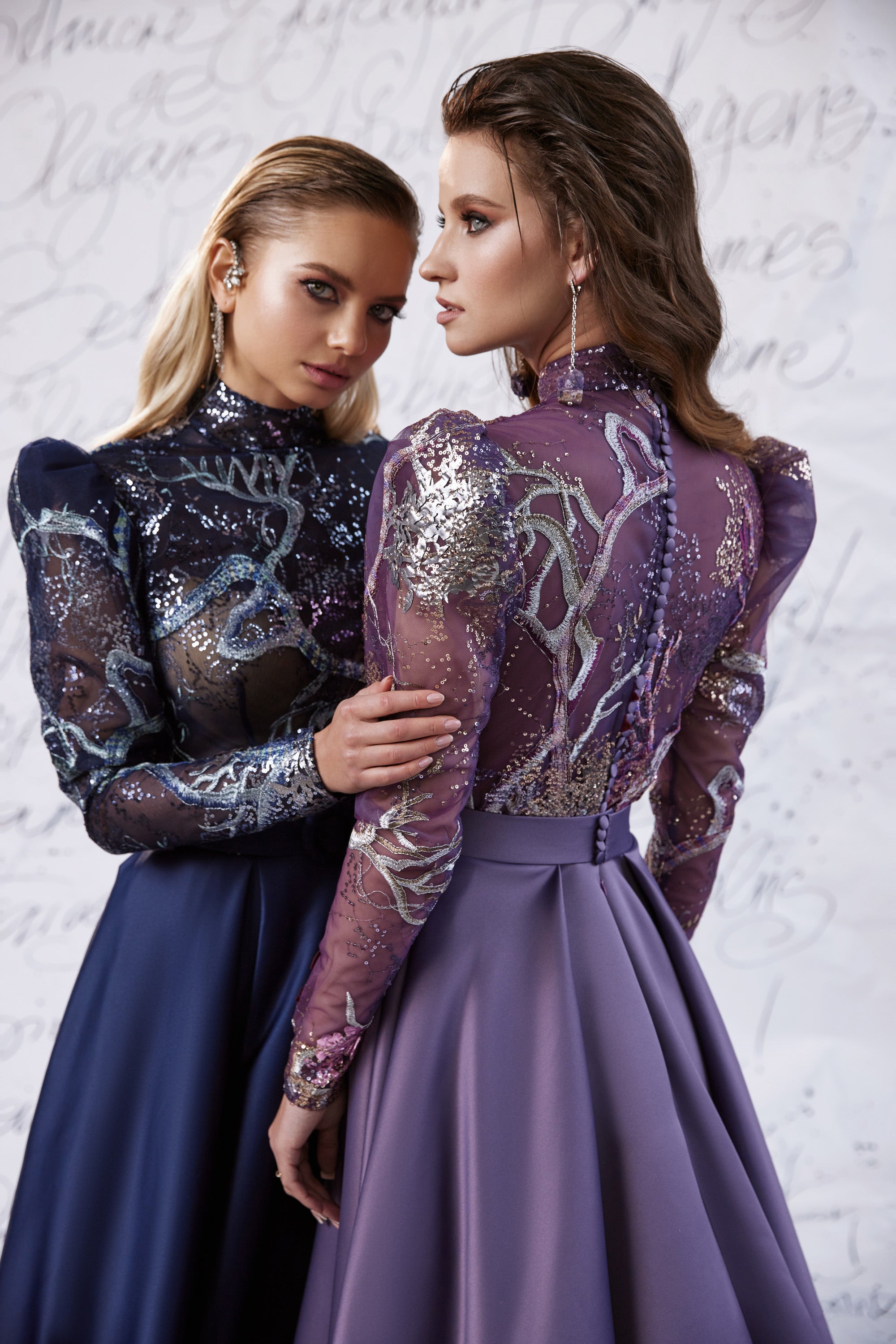 Mauve evening dress showing a sparkling sheer long-sleeve back, high neckline, and defined waist