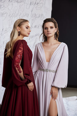 Women's Elegant V-Neck Evening Dress with Slit, Long Sleeves, and Long Train