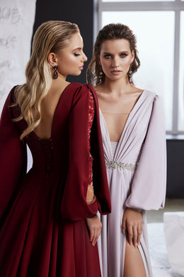 Women's Elegant V-Neck Evening Dress with Slit, Long Sleeves, and Long Train