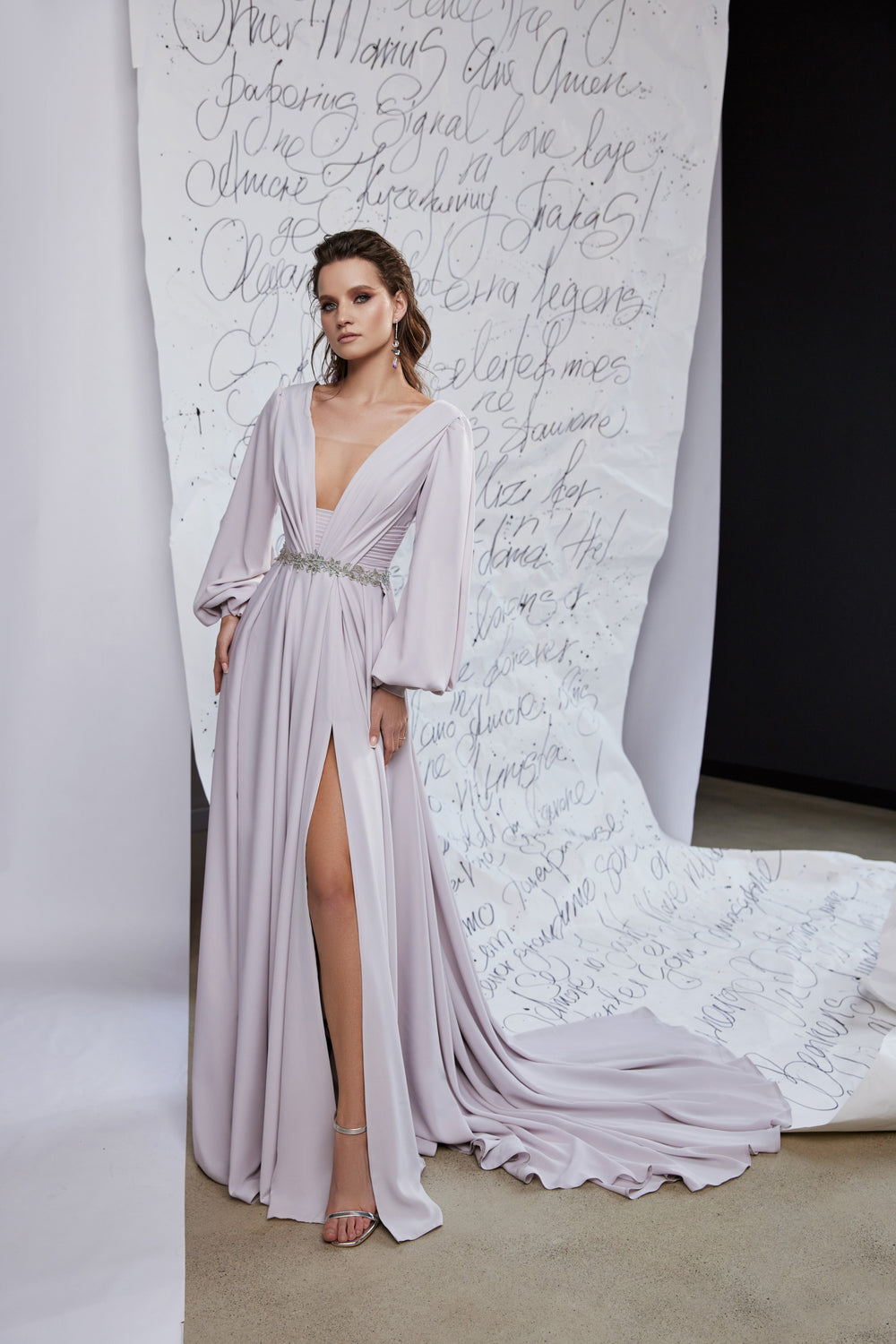 A-line Evening Dress with V-Neck and Long Train