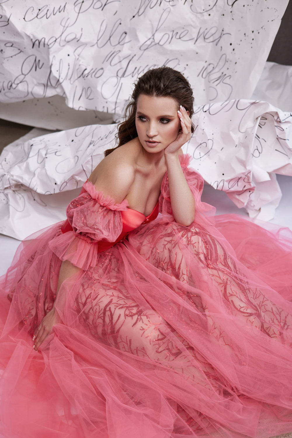 Ball Gown Evening Dress with Off-the-Shoulder Tulle Sleeves