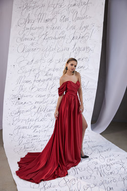 Off-the-Shoulder Satin Prom Dress with Slit and Asymmetric Hemline