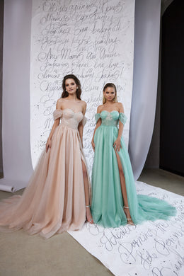 Off-the-shoulder evening dresses in blush and mint tulle with sparkling embellished bodices and flowing skirts