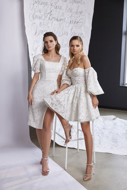 White lace evening dress shown in pencil and flared silhouettes, with puff sleeves and off-shoulder styling