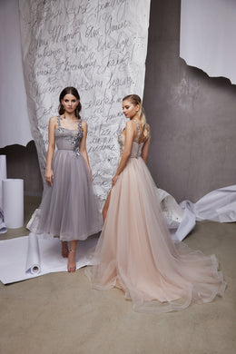 Tea-Length Party Dress with Lace Back, Slit, and Tulle Skirt