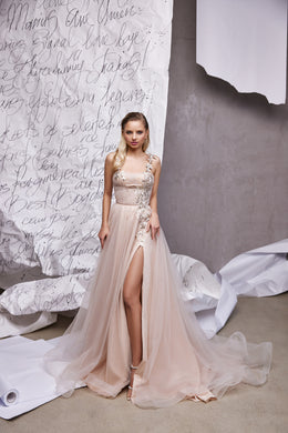 Tea-Length Party Dress with Lace Back, Slit, and Tulle Skirt