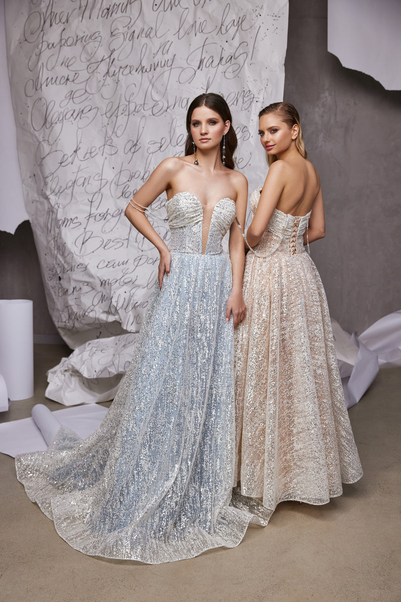 Women's Special Occasion Dress - Deep V-Neck, Lacing Back, Sequins - Elegant and Stylish