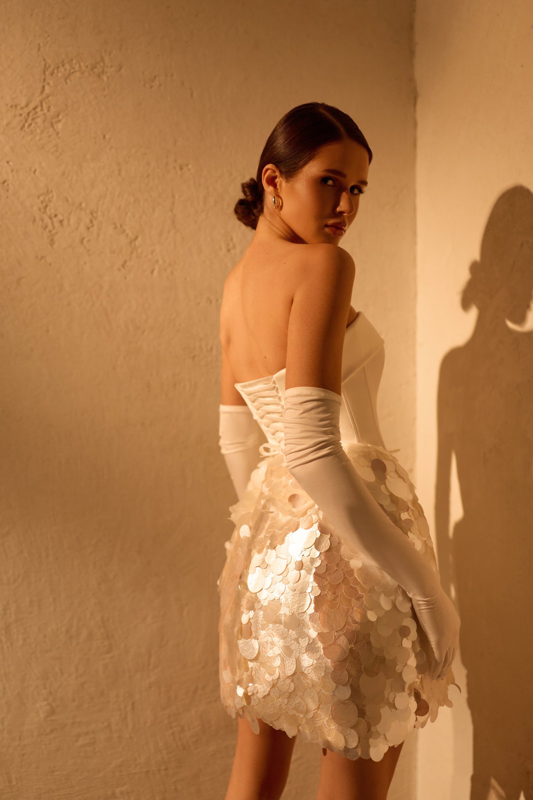 Strapless Mini Wedding Dress With Sequin Skirt, Corset Bodice And Opera Gloves