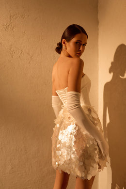 Strapless Mini Wedding Dress With Sequin Skirt, Corset Bodice And Opera Gloves