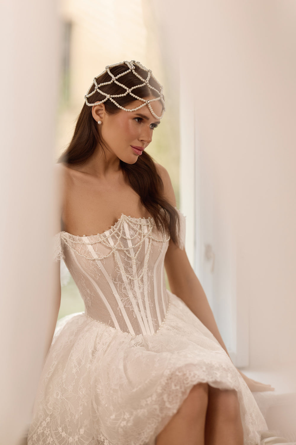 Off-The-Shoulder A-Line Lace Mini Wedding Dress With Pearl Beading And Corset Back