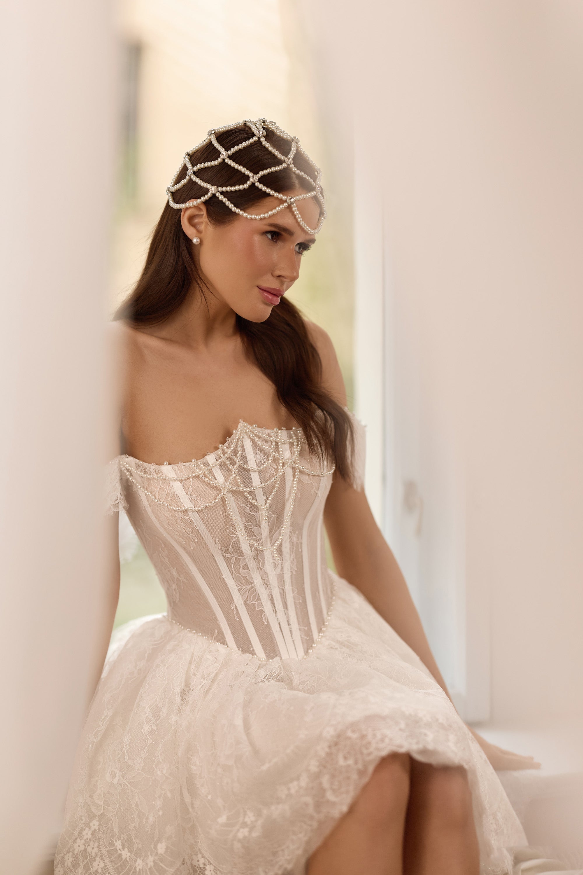 Off-The-Shoulder A-Line Lace Mini Wedding Dress With Pearl Beading And Corset Back