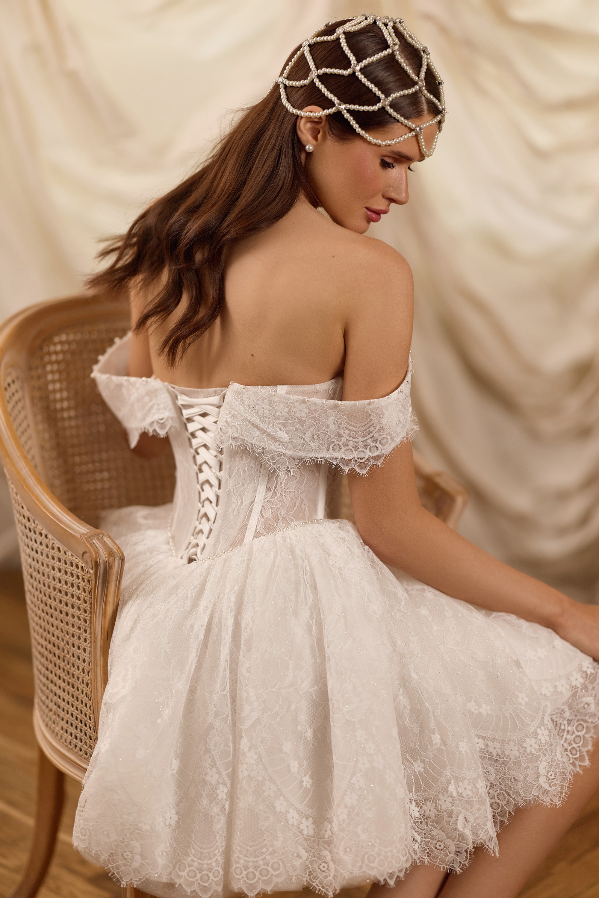Off-The-Shoulder A-Line Lace Mini Wedding Dress With Pearl Beading And Corset Back